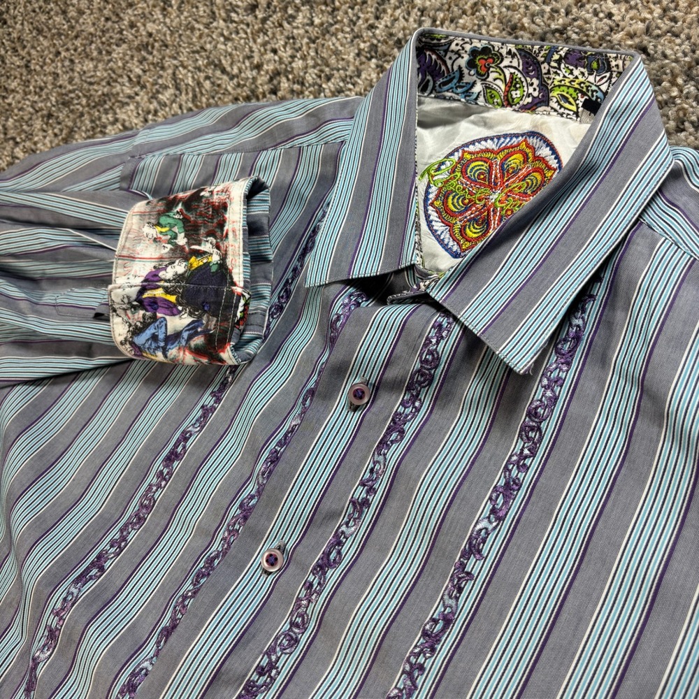 Robert Graham Men's L Long Sleeve Button Up Shirt Grey Blue Striped Embroidered